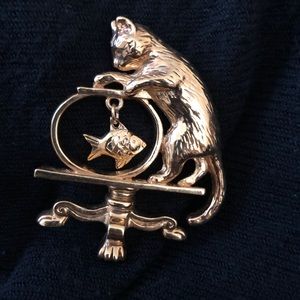 Cat Pin with Dangling Fish